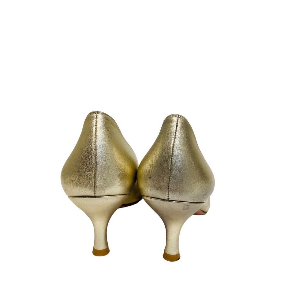 STUART WEITZMAN Gold Satin Embellished Crystal Pointed Toe Heels Pumps 8 - Picture 5 of 7